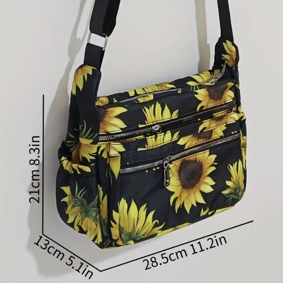 Sunflower Crossbody Bag Black Floral Purse, Multi Pockets, Adjustable Strap, NWT - Picture 7 of 8